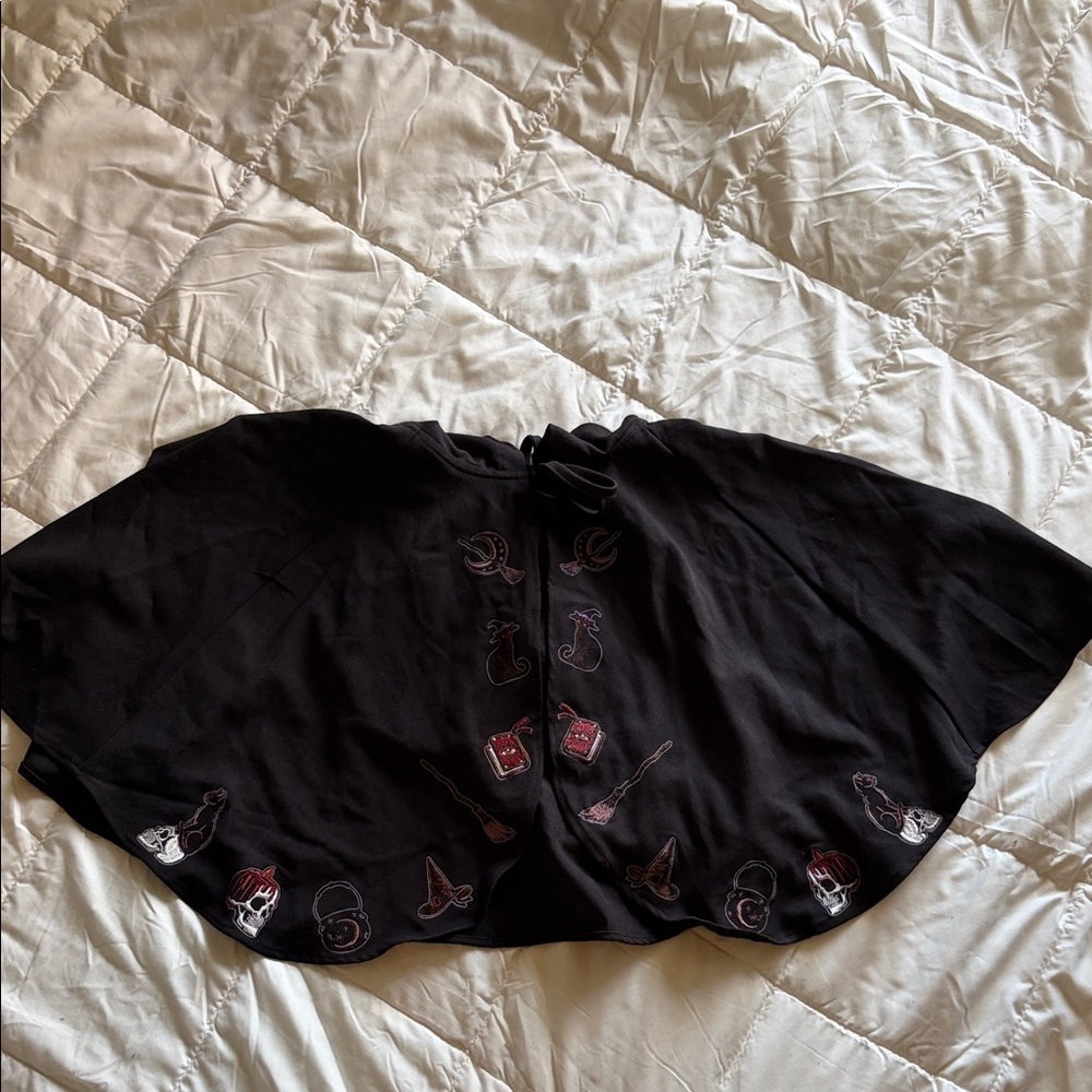 Black Embroidered Women's Cape with Witchy Motif